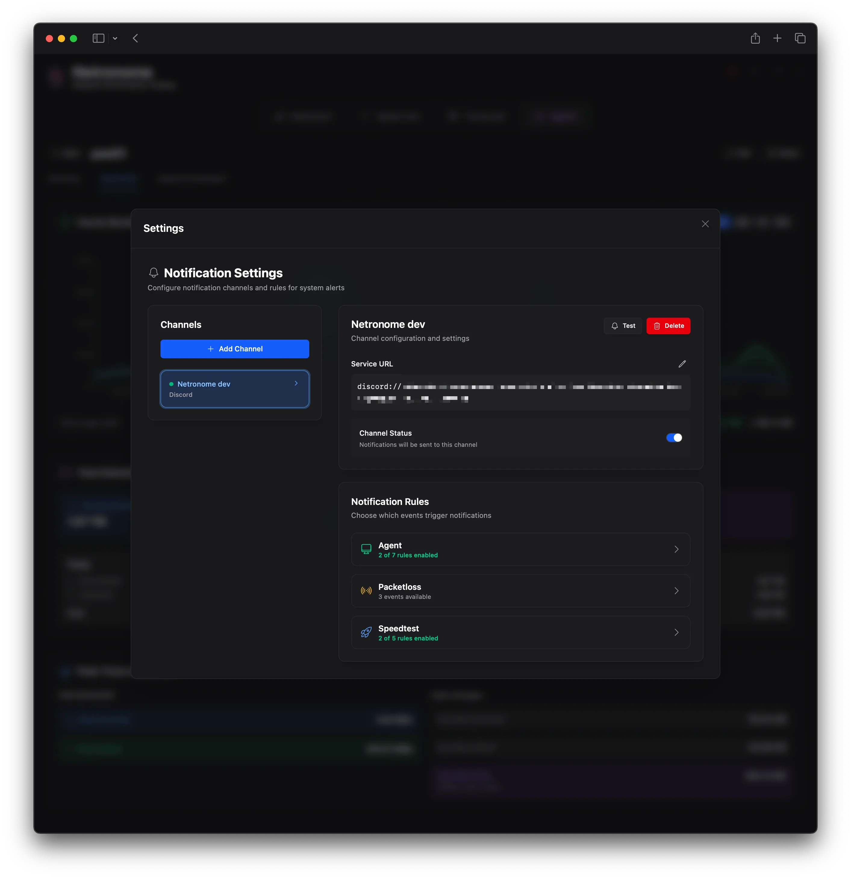 Notification settings in the web interface